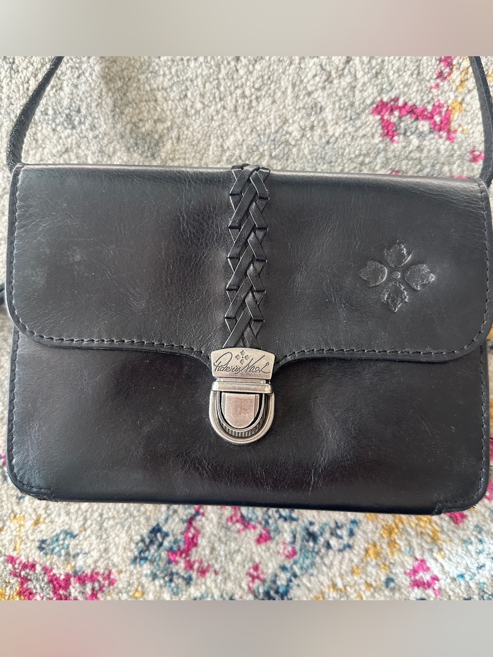 Patricia Nash Black Braided Strap Leather Crossbody Wallet